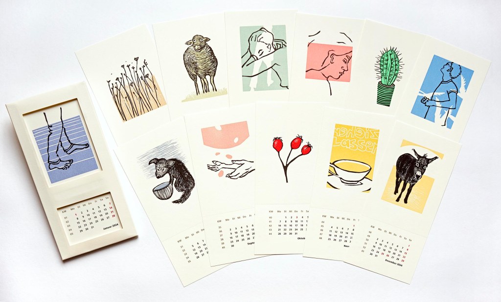 Kalender 2024 „Beine“
von Julia Siegmund und Simone Jänke
Originallinolschnitt, signierte Auflage: 200